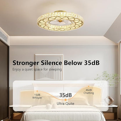 LUDOMIDE Crystal Ceiling Fans with Lights, 24" Modern Ceiling Fan with Remote Flush Mount, 6-Speed Wind, Dimmable LED, Low Profile Ceiling Fan for Bedroom Dining Room Living Room