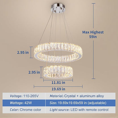 Depuley Modern LED Crystal Chandelier: 11.8" + 19.7" Rings Dimmable Pendant Light Adjustable for Dining Room - 42W Double-Decker Round Crystal Chandeliers for Bedroom Living Room Porch Foyer
