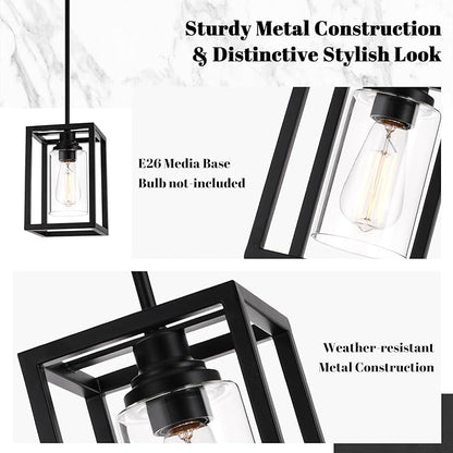 Matte Black Farmhouse Pendant Light Fixtures, Pendant Lights for Kitchen Island, Rectangle Linear Metal Hanging Lighting Fixture Ceiling Mount with Clear Glass Shade E26 Base for Dining Room, 3 Pack