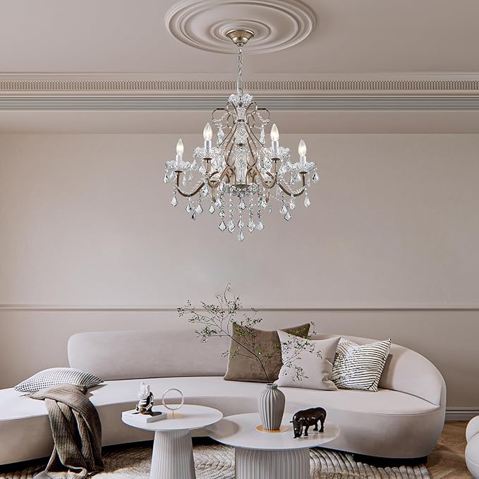 Bestier Antique Silver Vintage Candle Chandelier Crystal Lighting Fixture Lamp for Dining Room Bathroom Foyer Livingroom 6 E12 Bulbs Required D24 in x H26 in