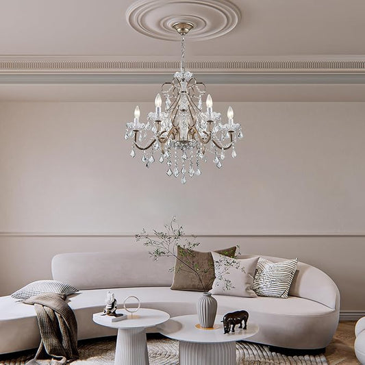 Bestier Antique Silver Vintage Candle Chandelier Crystal Lighting Fixture Lamp for Dining Room Bathroom Foyer Livingroom 6 E12 Bulbs Required D24 in x H26 in