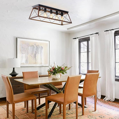 31.5" Flush Mount Ceiling Light, 5-Light Industrial Vintage Chandelier with Matte Black & Brushed Bronze Finish, Large Close to Ceiling Lighting for Dining Room, Kitchen Island, Living Room, Hallway