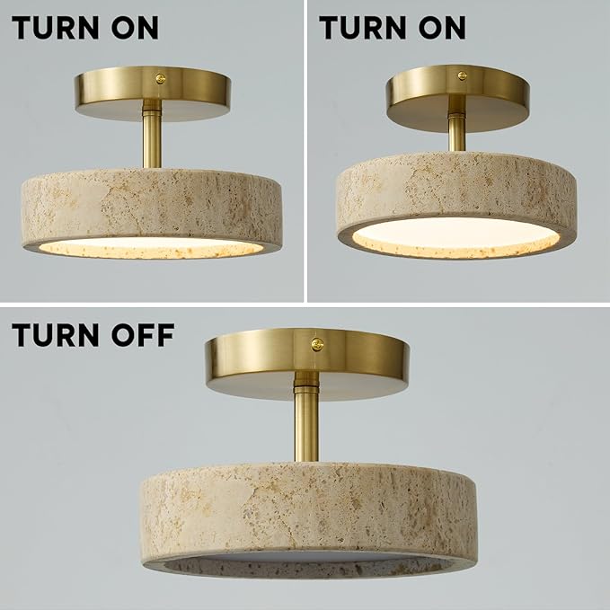 Wabi Sabi 8-inch Yellow Travertine Ceiling Light Fixture - Japanese Semi Flush Mount light with Brushde Gold Metal Base, Hardwired Stone Lamp for Bathroom, Kitchen, Bedroom, Hallway & Entryway