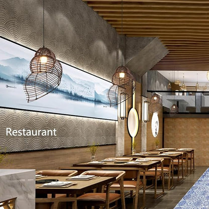Retro Conch Pendant Lamp Hand Woven Ceiling Lighting Weave Bamboo Rattan E26 Hanging Light Fixture Retro Japanese Wicker Lamp Shade for Bedroom Restaurant Cafe Brown