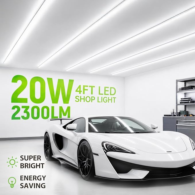 Pak 4FT LED Shop Lights, 2300LM 6500K Cool White, 20W Energy-Saving Super Bright Linkable T5 Ceiling and Under Cabinet Lighting Fixture for Garage, Workshop, Basement, Warehouse, FCC Certified, 6 Pack