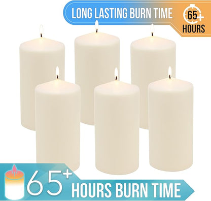 Stonebriar Unscented Pillar Candles – 65 Hour Burn Time, Long-Lasting Wax Candles for Weddings, Holidays, Home Décor & Special Events, Pack of 6, Ivory, 3" x 6"