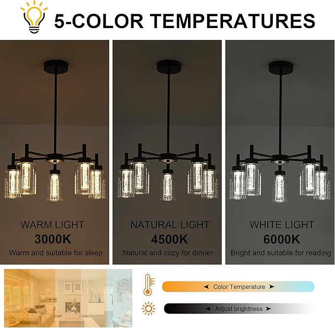5 Light LED Modern Pendant Lights, Classic Black Chandelier with Crystal Bubble Clear Glass Shade Indoor Kitchen Island Lights Fixtures for Dining Room Cafe Bar