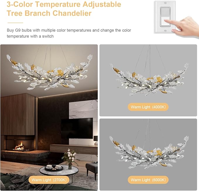 Modern Chandeliers for Dining Room，AioTio L47.2''Long Unique Glass Ginkgo Leaf Dining Chandeliers Over Table,Large Rectangle Tree Branch Ceiling Hanging Black Chandelier for Living Room,Kitchen Island