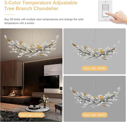 Modern Chandeliers for Dining Room，AioTio L47.2''Long Unique Glass Ginkgo Leaf Dining Chandeliers Over Table,Large Rectangle Tree Branch Ceiling Hanging Black Chandelier for Living Room,Kitchen Island
