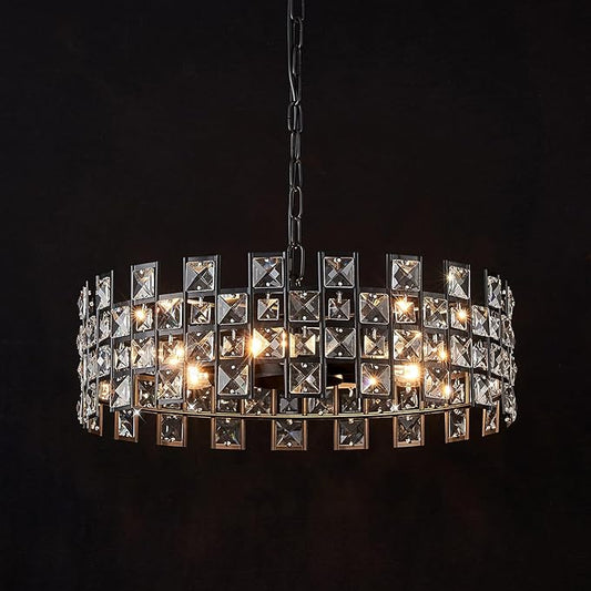 CATINER Black Crystal Semi Flush Mount Ceiling Light, 18'' Modern 6-Light Chandelier with G9 Base, Adjustable Crystal Ceiling Light Fixture for Dining Room, Bedroom, Entryway, Kitchen Island