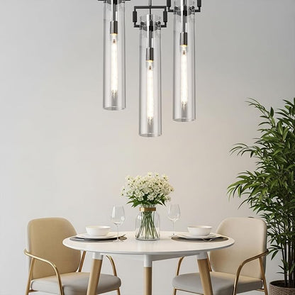 Black Pendant Light Glass for Kitchen Island Set of 2, Adjustable Hanging Chandelier with Glass Shade Modern Pendant Light Fixture for Farmhouse, Dining Room,Bedroom,E26 Bulb Included