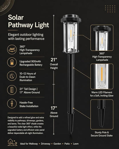 DERAYSION 12 Pack Solar Lights Outdoor, 21" Solar Pathway Lights Auto On/Off Waterproof Garden Lights for Path, Yard, Walkway, Driveway Decor, Cool White