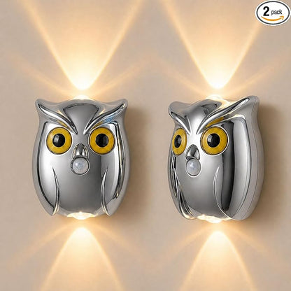 2-Pack Silver Owl Wall Lamp, Cute LED Night Light for Bedroom Decor, Warm Ambient Lighting for Kids Room, Nursery & Hallway, Creative Animal Wall Light, Gift for Home Decoration