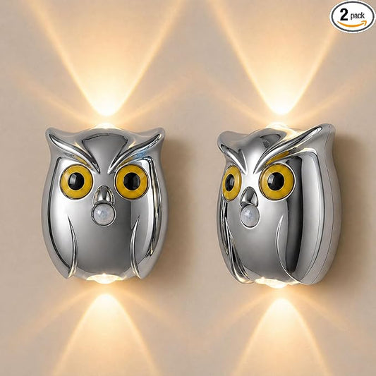 2-Pack Silver Owl Wall Lamp, Cute LED Night Light for Bedroom Decor, Warm Ambient Lighting for Kids Room, Nursery & Hallway, Creative Animal Wall Light, Gift for Home Decoration