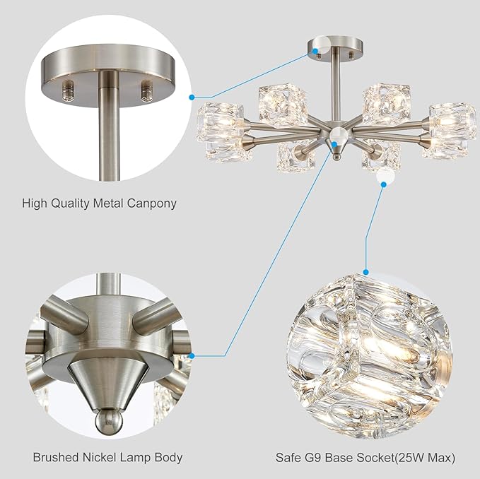 XINGQI 8-Light Brushed Nickel Modern Sputnik Chandeliers Semi Flush Mount Ceiling Light Fixture for Dining Room Bedroom Living Room Kitchen Entryway