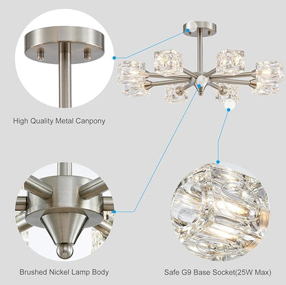 XINGQI 8-Light Brushed Nickel Modern Sputnik Chandeliers Semi Flush Mount Ceiling Light Fixture for Dining Room Bedroom Living Room Kitchen Entryway