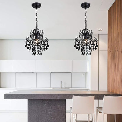Q&S Mini Crystal Chandelier, Modern Black Small Chandelier 1-Light Crystal Pendant Light Fixture for Princess House Nursery Girls Hallway Entryway Bedroom Foyer Bathroom Kitchen W11.8 UL Listed