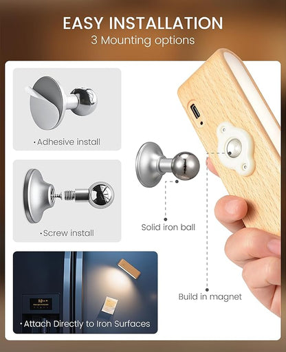 Wood LED Wall Sconce, Magnetic 360° Rotatable Wall Mounted Night Light & Reading Light, Small Rechargeable Battery Powered Bedside Wall Lamp for Bedroom, Living Room, Beech Wood