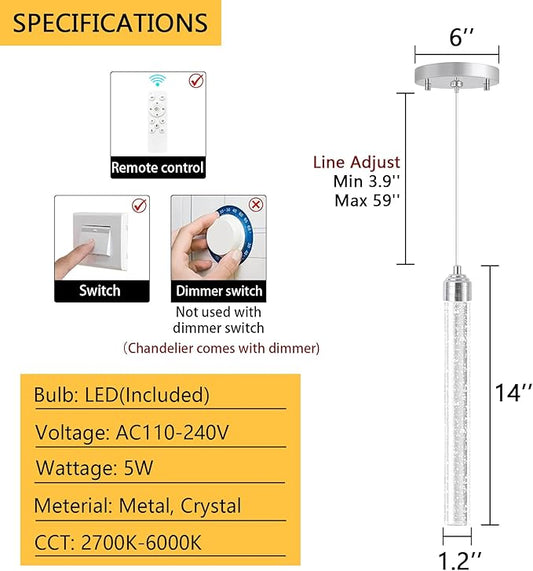 1-Light Modern Crystal Pendant Lighting LED Dimmable Pendant Light Kitchen Island Dining Room