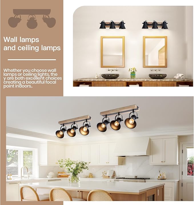 3-Lights Track Lighting Fixtures Ceiling，Farmhouse Wood Flush Mount Ceiling Light, Multi-Directional Kitchen Sink Light, Rustic Track Lighting for Kitchen Living Room, Dining Table, Foyer