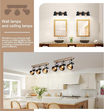3-Lights Track Lighting Fixtures Ceiling，Farmhouse Wood Flush Mount Ceiling Light, Multi-Directional Kitchen Sink Light, Rustic Track Lighting for Kitchen Living Room, Dining Table, Foyer