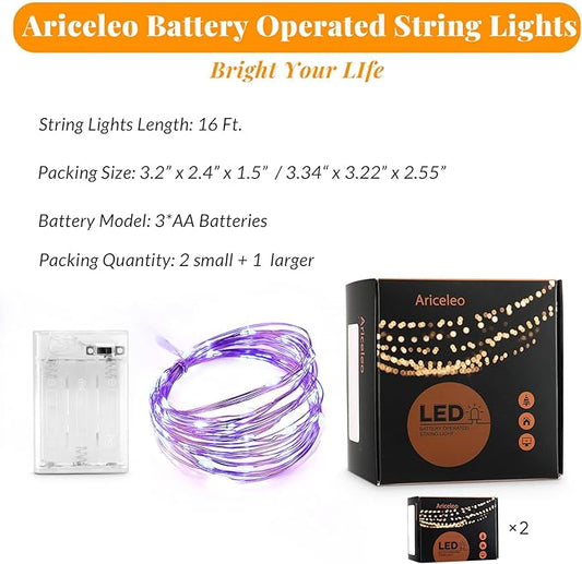 Ariceleo Led Fairy Lights Battery Operated, 2 Packs Mini Battery Powered Copper Wire Starry Fairy Lights for Bedroom, Christmas, Parties, Wedding, Centerpiece, Decoration (5m/16ft Blue)