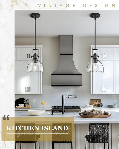 2-Pack Pendant Lights Kitchen Island, 7.5" Black Pendant Lighting with Clear Seeded Glass Shade, Farmhouse Hanging Light Fixtures for Dining Room, AD-22151-1P2-BK-G