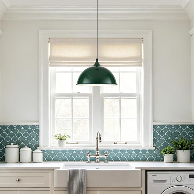 9.8 inch Green Dome Pendant Lights Kitchen Island 3 Pack, Modern Farmhouse Pendant Lights, Vintage Industrial Kitchen Pendant Lighting, Island Lights for Kitchen, Dining Room