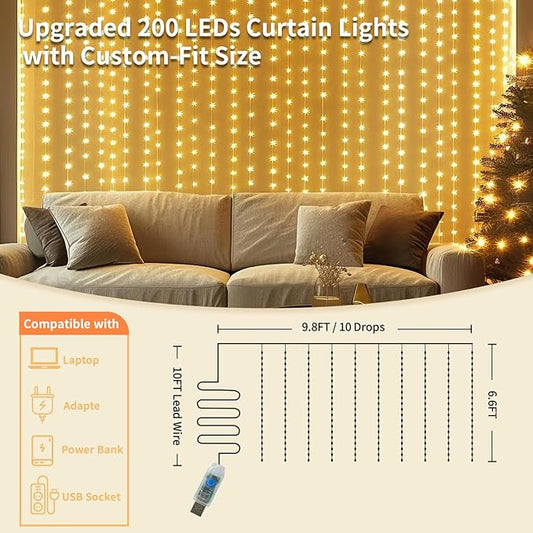 Fairy Curtain Lights, 200 LED Upgraded Tangle-Free Hanging Lights with Remote, USB Plug in String Lights for Bedroom Wall Window Wedding Party Xmas Home Décor - 9.8 x 6.6 Ft, Warm White