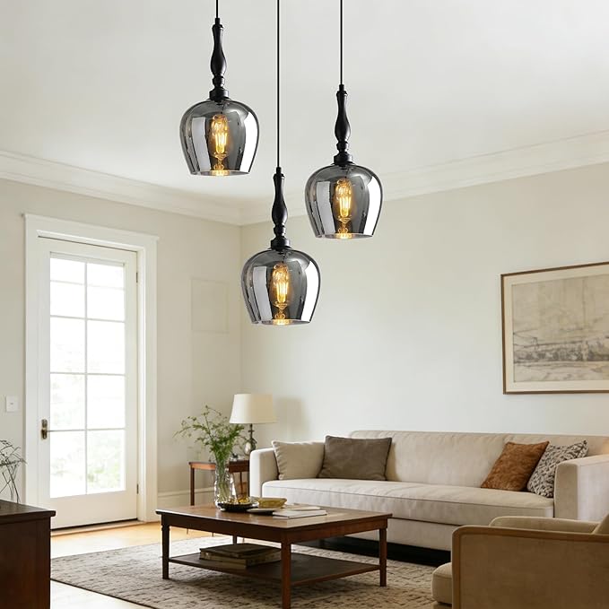 Modern Pendant Light Kitchen Island, Boho Chandelier, 7.87" Bell Shape Hanging Lamp Ceiling Lighting Fixture with Glass Lampshade (Smoke Grey)