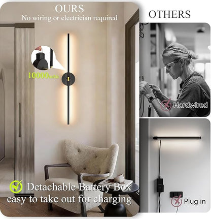 Battery Operated Wall Sconce Set of 2: 10000mAh Wireless Sconces Rechargeable Wall Lights with Touch and Remote, 360° Rotate Cordless Wall Lamp for Bedroom Living Room Hallway, 31.5 Inch, Black