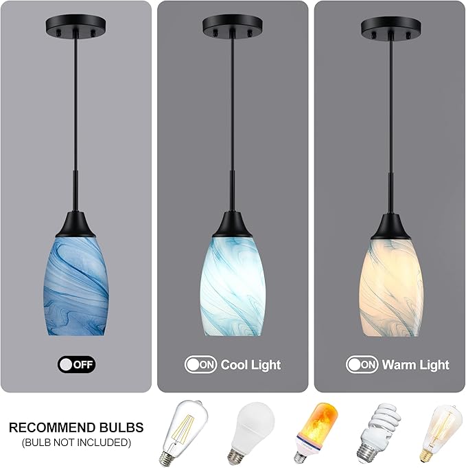 Viinew Mini Glass Pendant Light 4.72" with Handblown Blue Marble Art Glass Hanging Light 3-Pack Oval Ceiling Hanging Light Fixture for Dining Room Kitchen Island Cafe Foyer Hallway