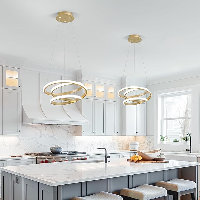 Mayful Modern Chandelier with Remote Control, 3-Color Dimmable LED Pendant Light Fixtures, Height Adjustable Kitchen Island Lighting for Dining Room,Bedroom,Living Room,Foyer,Office Gold 13.78 inches
