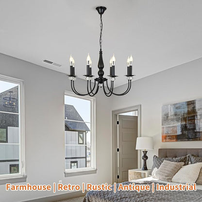 Black Chandelier, 8-Light Farmhouse Candle Chandelier for Living Room, Rustic Industrial Pendant Chandeliers for Dining Room, Vintage Crystal Hanging Light fixture for Hallway Kitchen Foyer E12