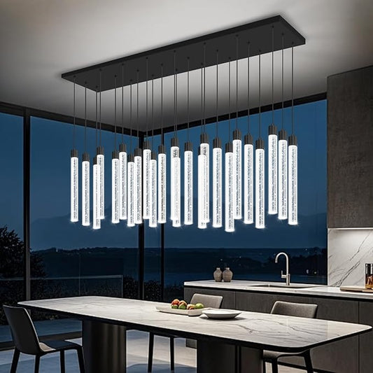 Modern Rectangular Crystal Chandeliers LED Dimmable Crystal Column Chandelier Living Room Foyer Crystals Pendant Light for Dining Room Adjustable Height 24-Light Black