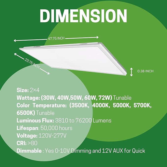 E2 LIGHTING 2x4 LED Flat Panel Light, 5 CCT Tunable 35-65K, 5 Wattage Adjustable 30-72W, 0-10V Dimming, 4 Pack |