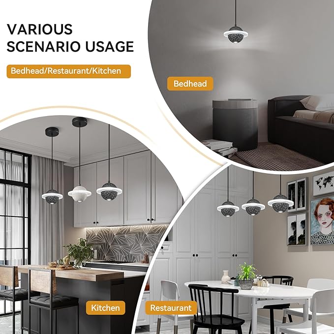 Modern LED Pendant Light Fixtures,Concrete Pendant Lights Kitchen Island, Planet Pendant Lighting Adjustable for Dining Living Room Bedroom Kitchen Island(Black 1-Pack)