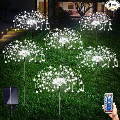 Maleyt 6 Pack Solar Garden Lights, Firework Lights, Decorative, 8 Lighting Modes with Remote 120 LED Twinkling Waterproof Landscape Outdoor Decor, for Pathway Backyard Walkway Patio (White)