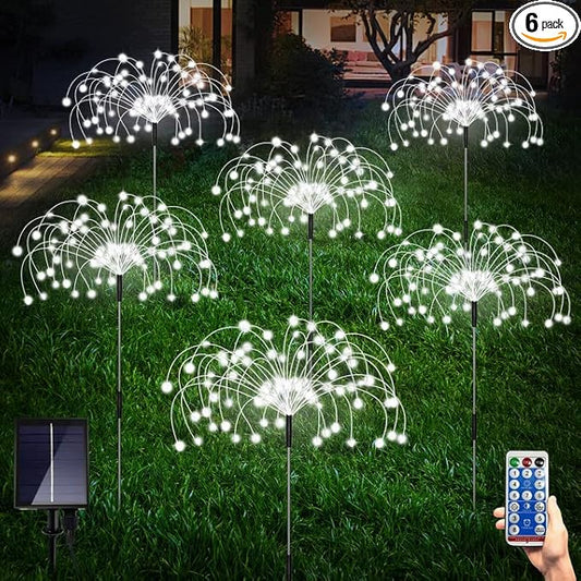 Maleyt 6 Pack Solar Garden Lights, Firework Lights, Decorative, 8 Lighting Modes with Remote 120 LED Twinkling Waterproof Landscape Outdoor Decor, for Pathway Backyard Walkway Patio (White)