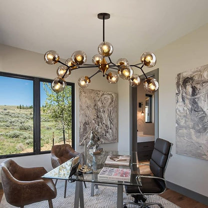 hesoge 15 Light Sputnik Modern Large Chandelier, Mid Century Black and Gold Metal Ceiling Light Fixture with Glass Globe,Pendant Light Hanging for Dining Room Kitchen Living Room Bedroom Foyer.