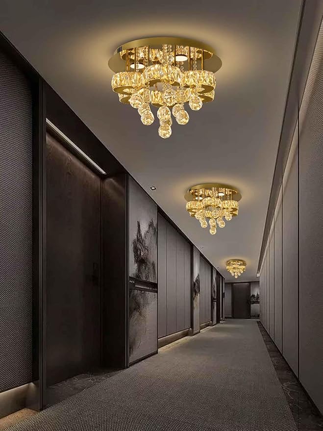 Flashing God 16" Gold Crystal Chandelier Semi Flush Mount Ceiling Light Crystal Close to Ceiling Light Fixtures for Bedroom Living Room Kitchen Hallway Dimmable Lighting 2700k 4500k 6000k