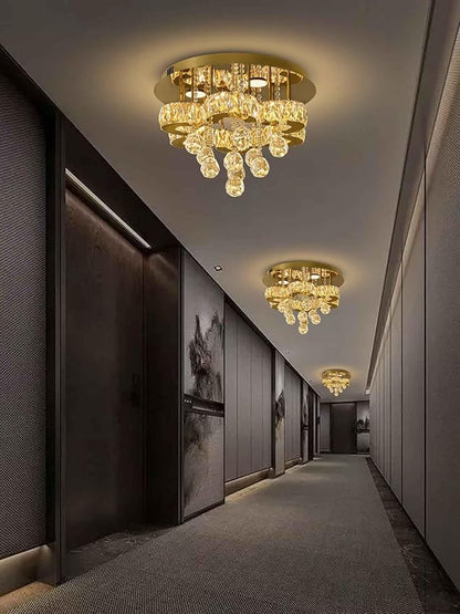 Flashing God 16" Gold Crystal Chandelier Semi Flush Mount Ceiling Light Crystal Close to Ceiling Light Fixtures for Bedroom Living Room Kitchen Hallway Dimmable Lighting 2700k 4500k 6000k