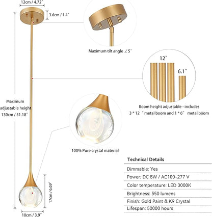 1-Light Teardrop Crystal Pendant Light, Brass Gold Globe Ceiling Hanging Light Fxitures, LED Raindrop Light Fixtures Metal Rod Ceiling Glass Pendant Lighting for Kitchen Island Dining Room Bar