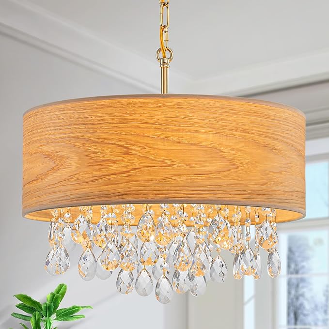 LumFurn D18inch Drum Wood K9 Crystal Chandeliers, 4-Light Boho Style Pendant Light Fixture for Dining Room, Living Room, D18 x 21~68"(Adjustable), Solid Wood Lampshade & Gold Finish