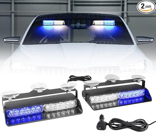 2-in-1 Blue & White LED Windshield Dash Strobe Lights, 2 x 8.4 Inch Window Interior Light, 26 Modes 12/24V Emergency Traffic Advisor Front/Rear Window Dash Strobe Lights for Trucks Vehicles
