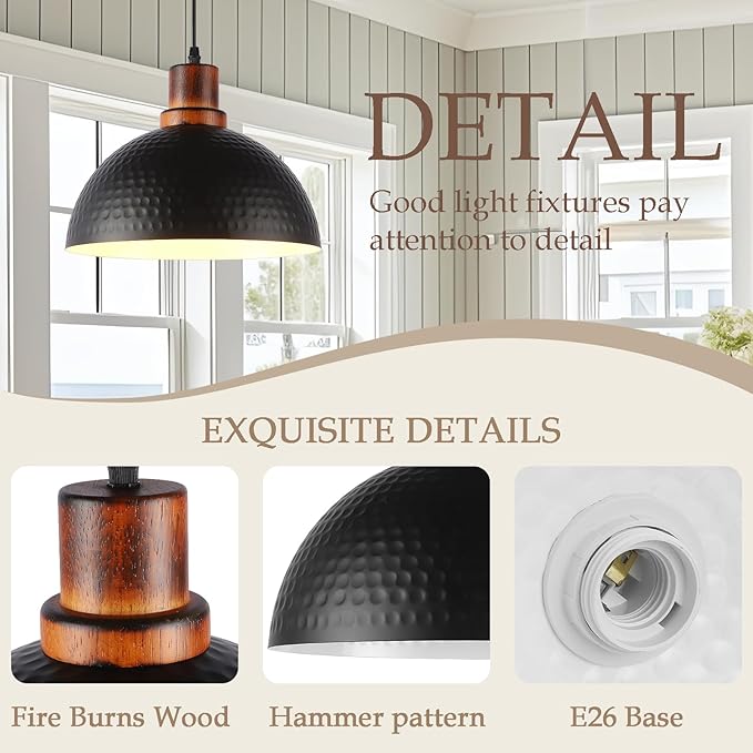 Solid Wood Pendant Lights 3 Pack, 11.8" Modern Matte Black Dome Hammered Metal Hanging Ceiling Light Fixtures Industrial Lighting for Kitchen Island Dining Living Room Restaurant Farmhouse