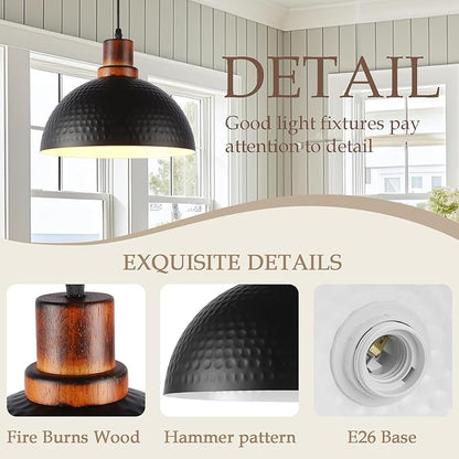 Solid Wood Pendant Lights 3 Pack, 11.8" Modern Matte Black Dome Hammered Metal Hanging Ceiling Light Fixtures Industrial Lighting for Kitchen Island Dining Living Room Restaurant Farmhouse