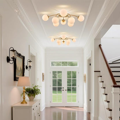 Longree 8-Light Blossom Milk Glass Flush Mount Ceiling Lights Gold and White Sputnik Chandelier, Opal Glass Bubble Starburst Light Fixture for Dining Bedroom Living Entry
