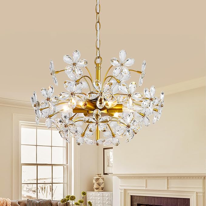 6-Light Gold Flower Crystal Chandelier 18'' Hanging Light Fixture with Height Adjustable Chain Farmhouse Chandelier for Dining Room, Living Room, Kitchen, Bedroom, Entryway, E12 Base (AJ9011)