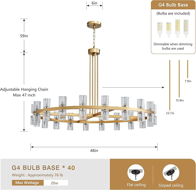 48" Gold Wagon Wheel Crystal Chandelier, Modern Round Chandelier for Dining Room Table, K9 Crystal Ceiling Chandelier for Living Room Entryway Foyer, Includes 40× G4 Bulbs